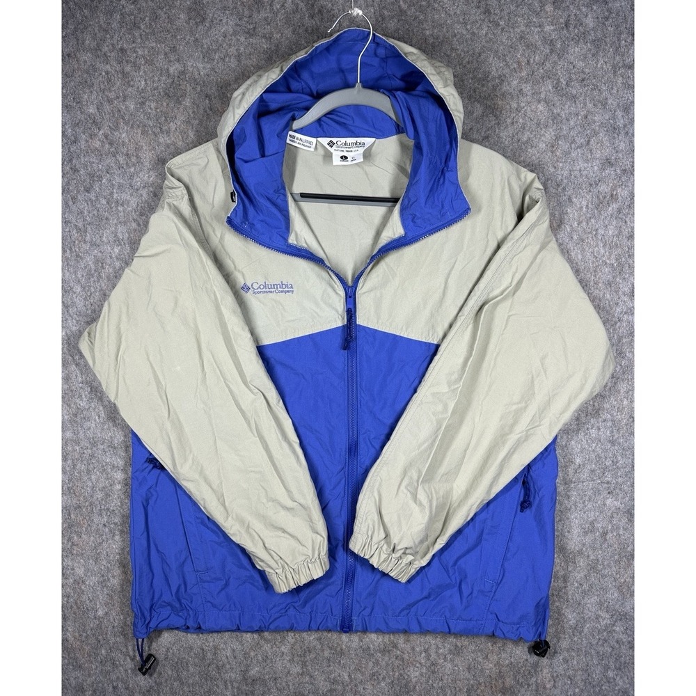 Columbia‎ Mens Large Blue Beige Hooded Windbreaker Jacket Nylon Zip